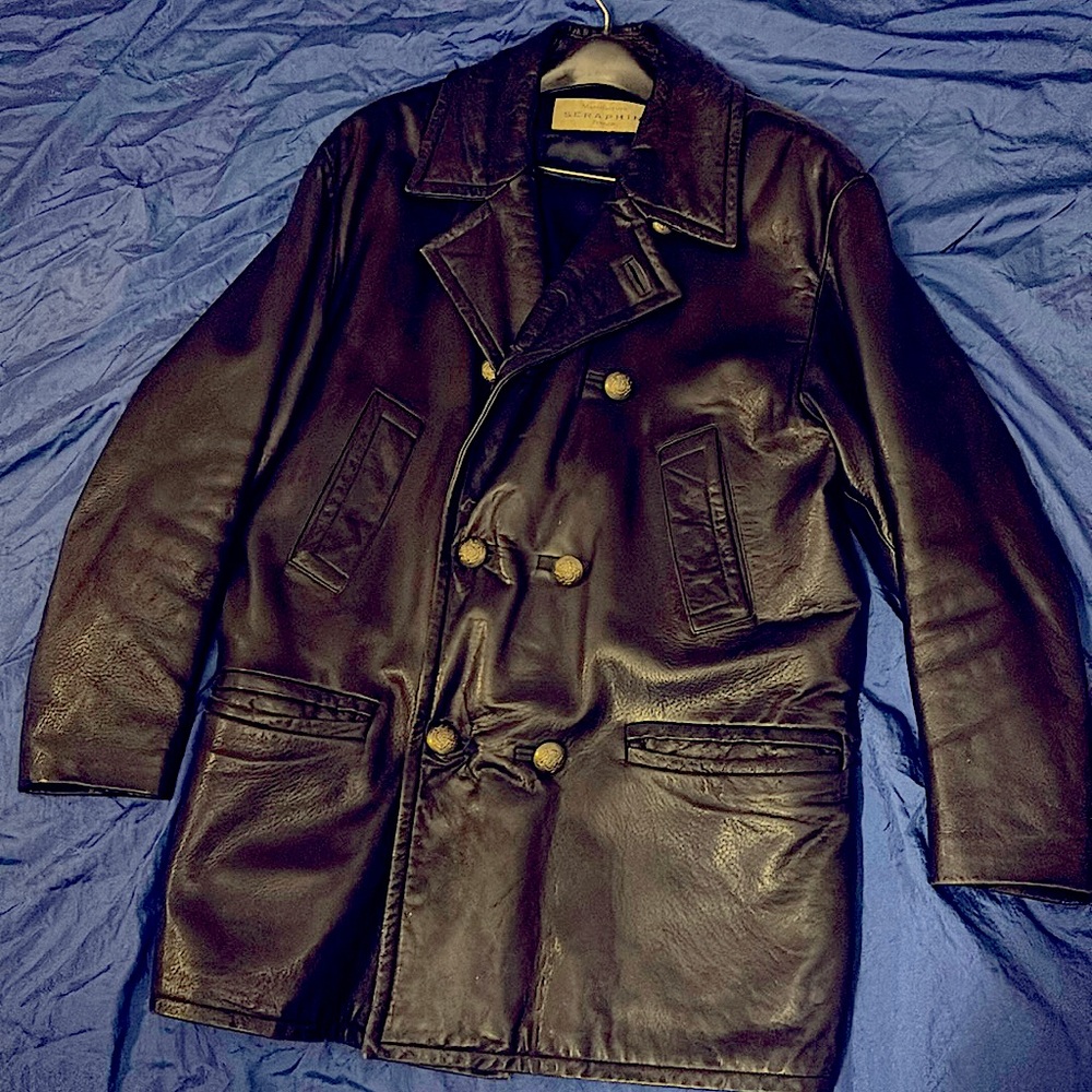 A French Submarine Commander coat by Seraphin, Paris.  Size XL Dark Blue Leather